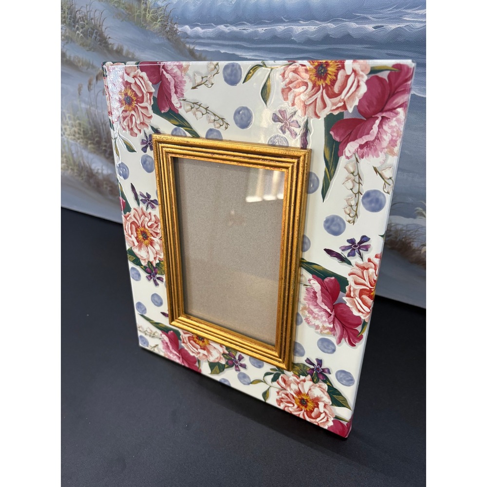 MacKenzie-Childs Floral Peony Polka Dot Picture Frame Gold Trim 4x6 9x11 - Picture 2 of 14